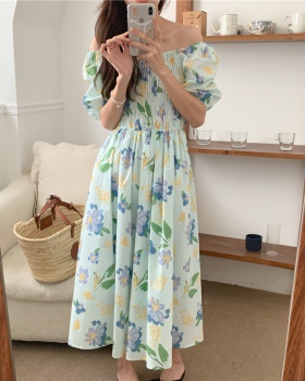 Slim long France style summer pinched waist floral dress