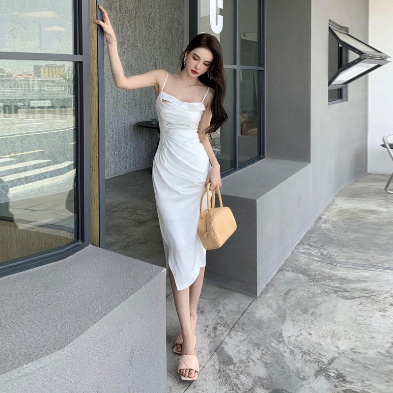 Pinched waist wrapped chest split satin white sling dress