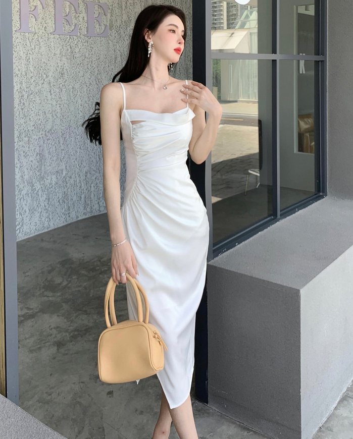 Pinched waist wrapped chest split satin white sling dress