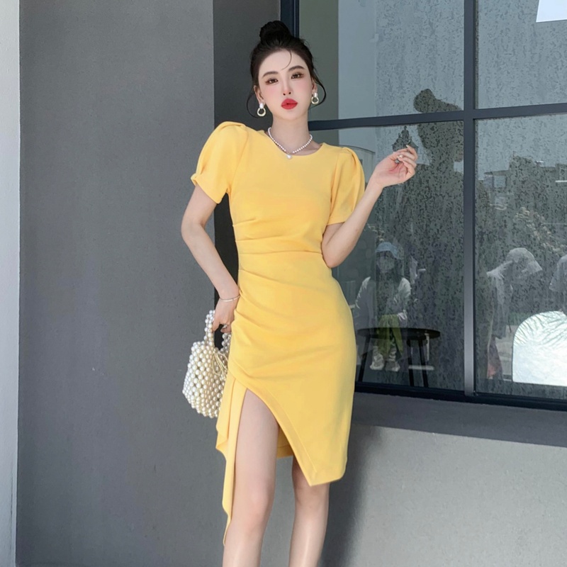 Irregular yellow long dress slim dress for women