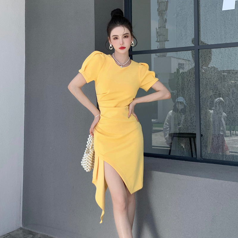 Irregular yellow long dress slim dress for women