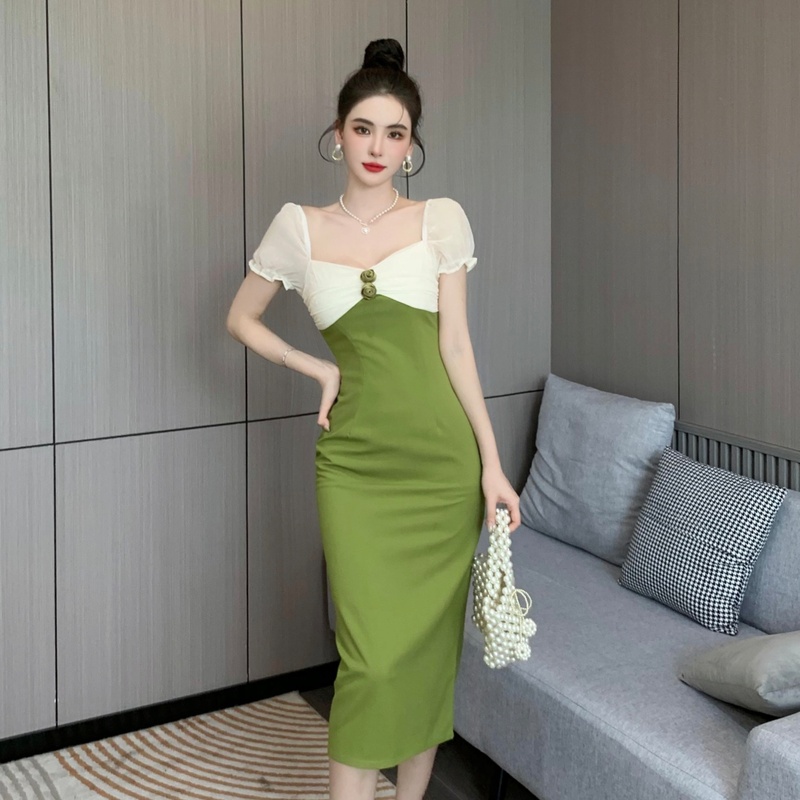 Green slim France style long dress splice retro dress