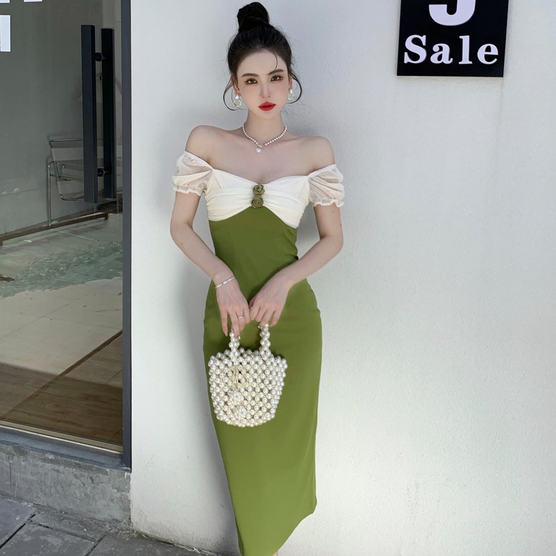 Green slim France style long dress splice retro dress