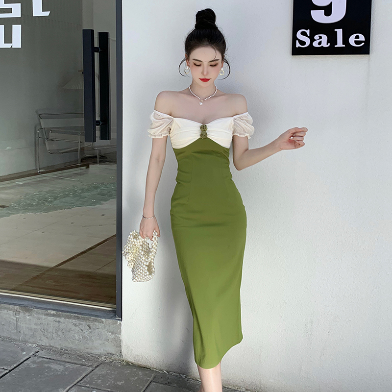 Green slim France style long dress splice retro dress