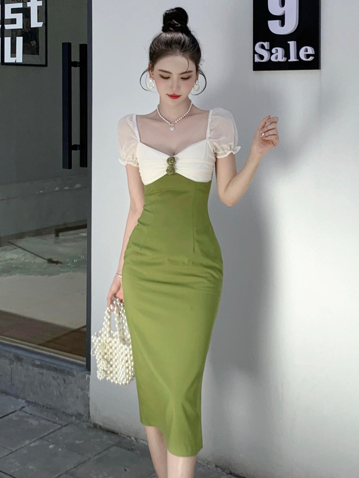 Green slim France style long dress splice retro dress