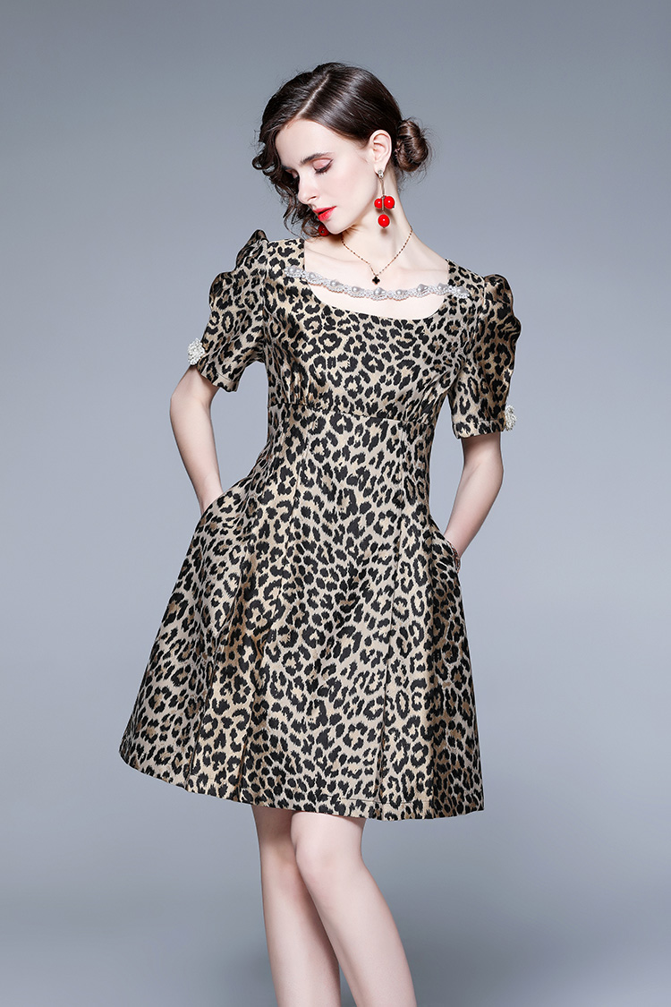 Beading square collar big skirt leopard summer dress
