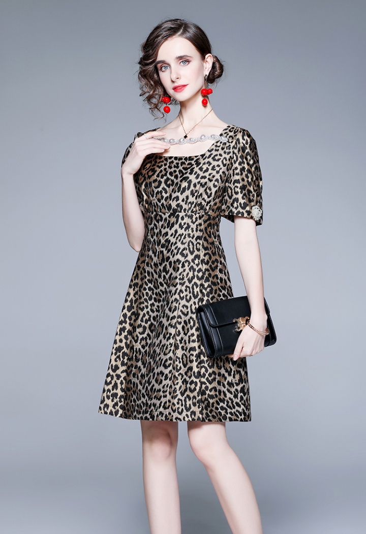 Beading square collar big skirt leopard summer dress