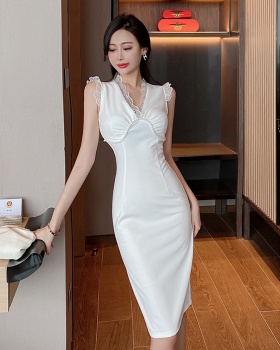Long lace pearl formal dress V-neck slim summer dress