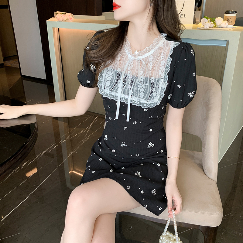 Lace retro floral France style tender splice dress