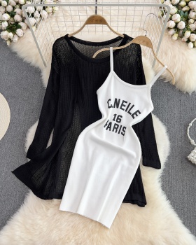 Long package hip sling dress knitted fashion tops 2pcs set
