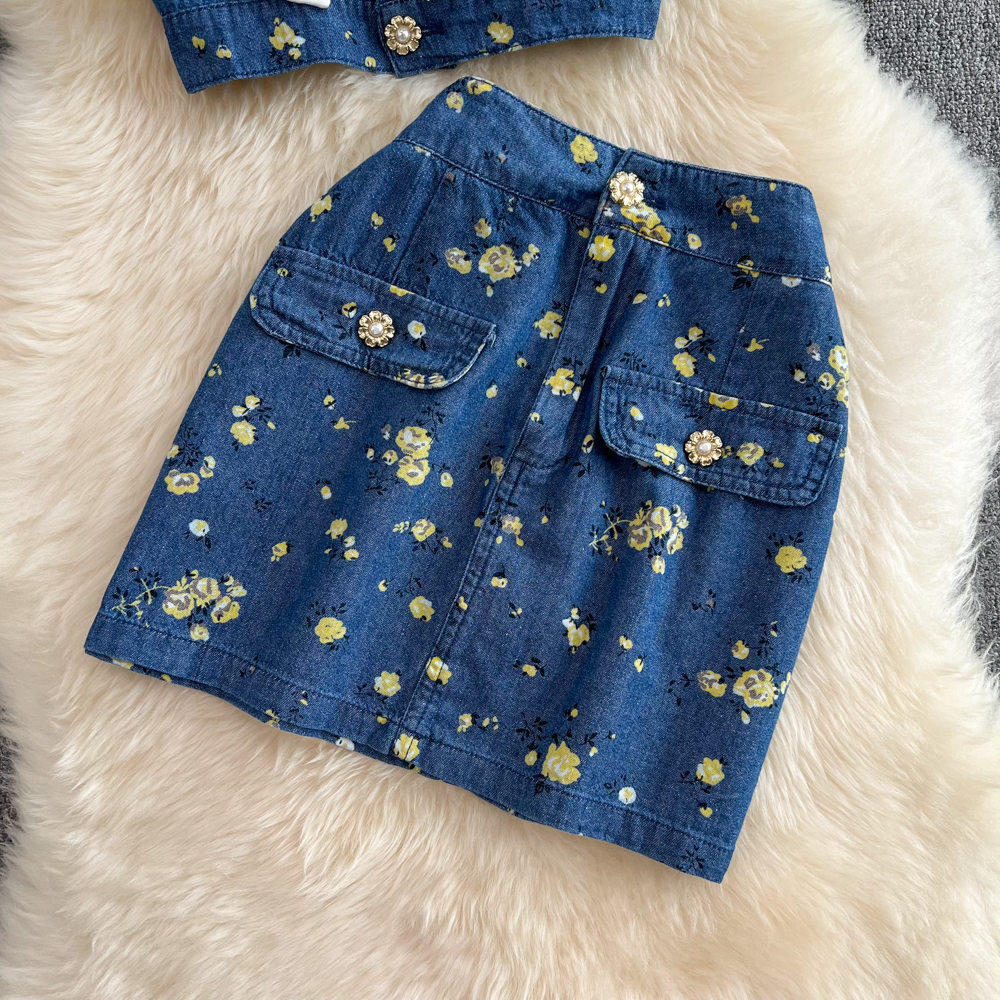 Summer short skirt denim tops 2pcs set for women