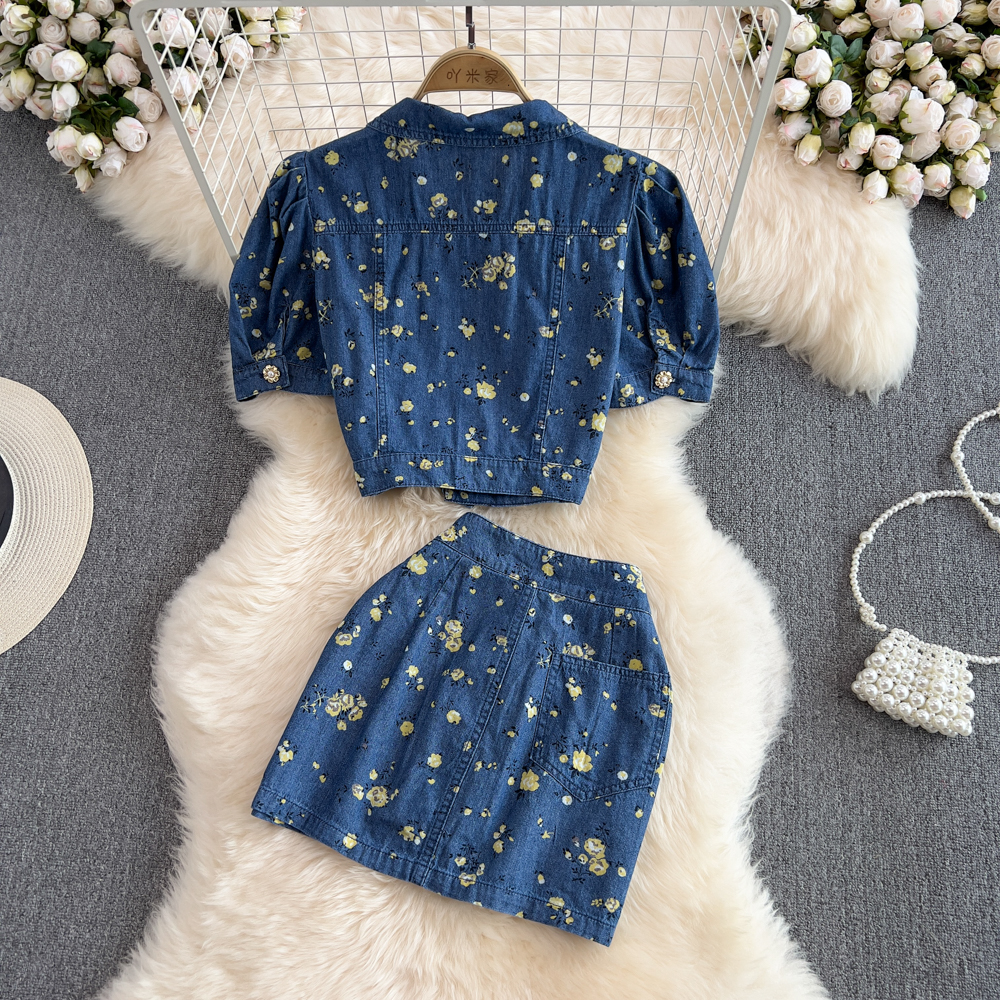 Summer short skirt denim tops 2pcs set for women