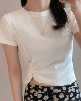 Slim round neck tops white T-shirt for women