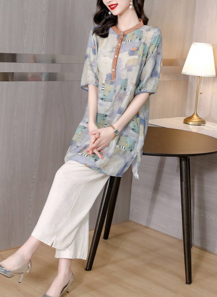 Floral round neck shirt flax shirts 2pcs set for women