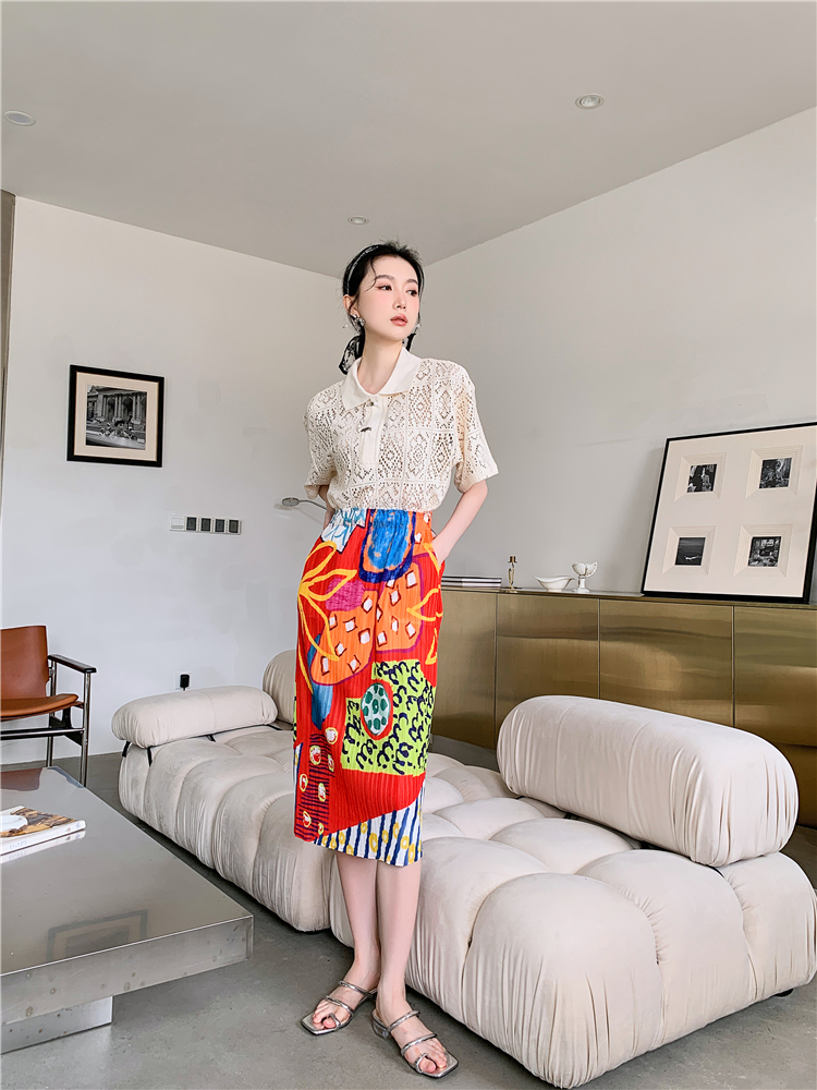 Lapel lace pleated skirt printing package hip shirts