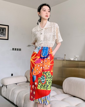 Lapel lace pleated skirt printing package hip shirts