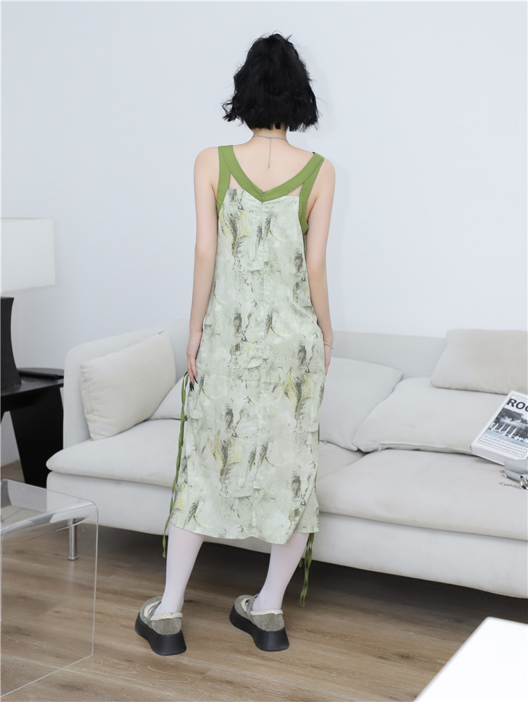 Strap artistic mixed colors hollow blooming dress
