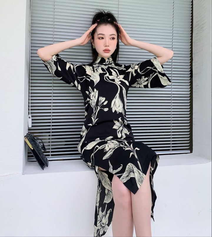Split summer Chinese style cheongsam long printing dress