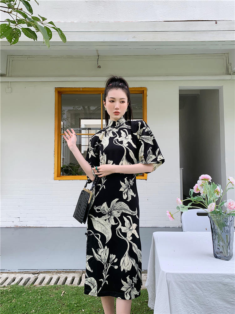 Split summer Chinese style cheongsam long printing dress
