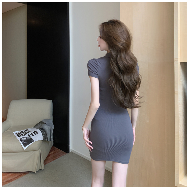 Short sleeve tight V-neck pure package hip dress for women