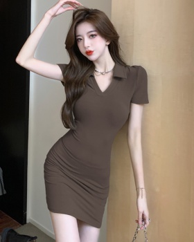 Short sleeve tight V-neck pure package hip dress for women