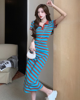 Stripe Korean style drawstring split slim dress