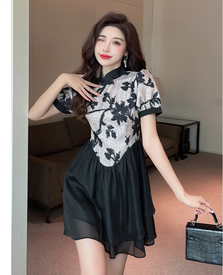 Pinched waist Chinese style cheongsam splice light dress
