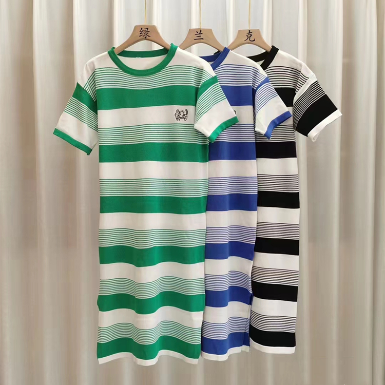 Knitted stripe dress tiger embroidery T-shirt for women
