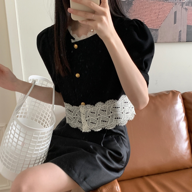 Splice retro Korean style tops lace fashion summer shirt