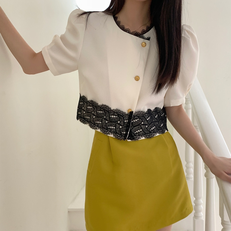 Splice retro Korean style tops lace fashion summer shirt