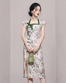 Bow collar split retro printing fashion cheongsam