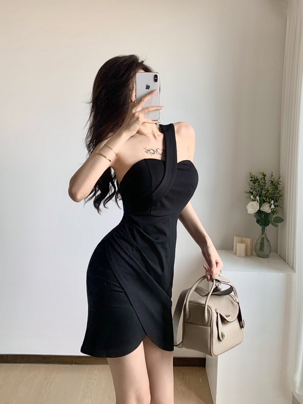 Slim shoulder short formal dress black temperament dress