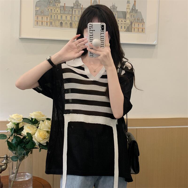 Lazy long sleeve knitted loose thin V-neck T-shirt