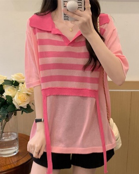 Lazy long sleeve knitted loose thin V-neck T-shirt