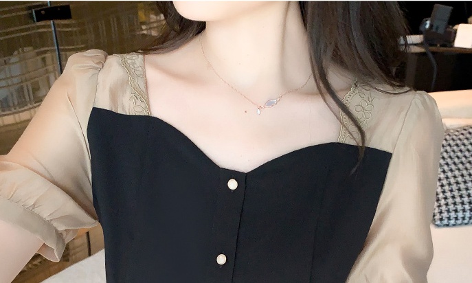 Square collar chiffon shirt embroidery tops for women