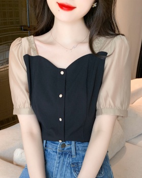 Square collar chiffon shirt embroidery tops for women
