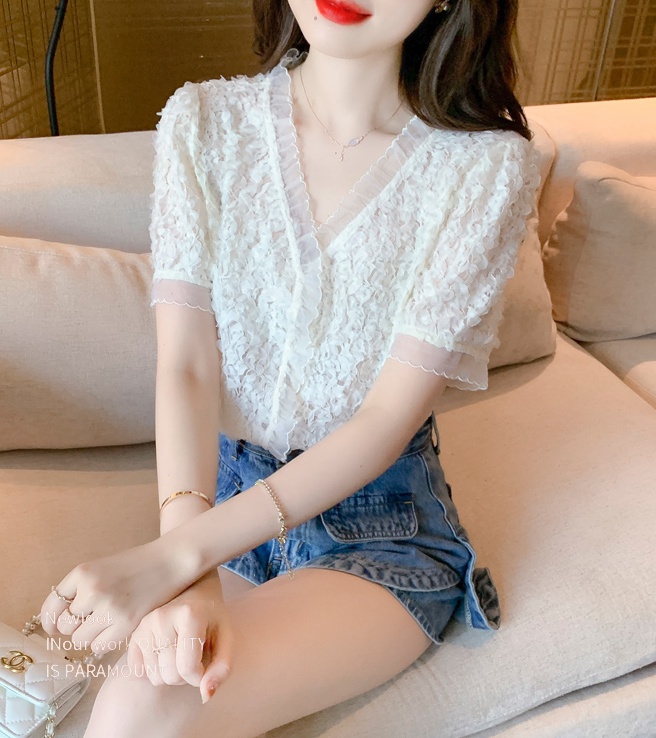 Short V-neck summer shirts lace short sleeve tops for women