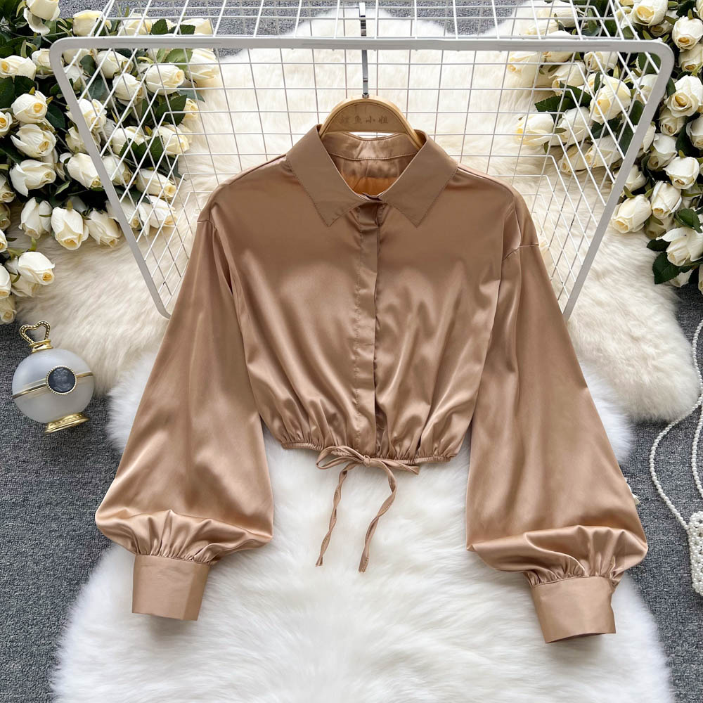 All-match spring and autumn satin shirt slim pure short tops