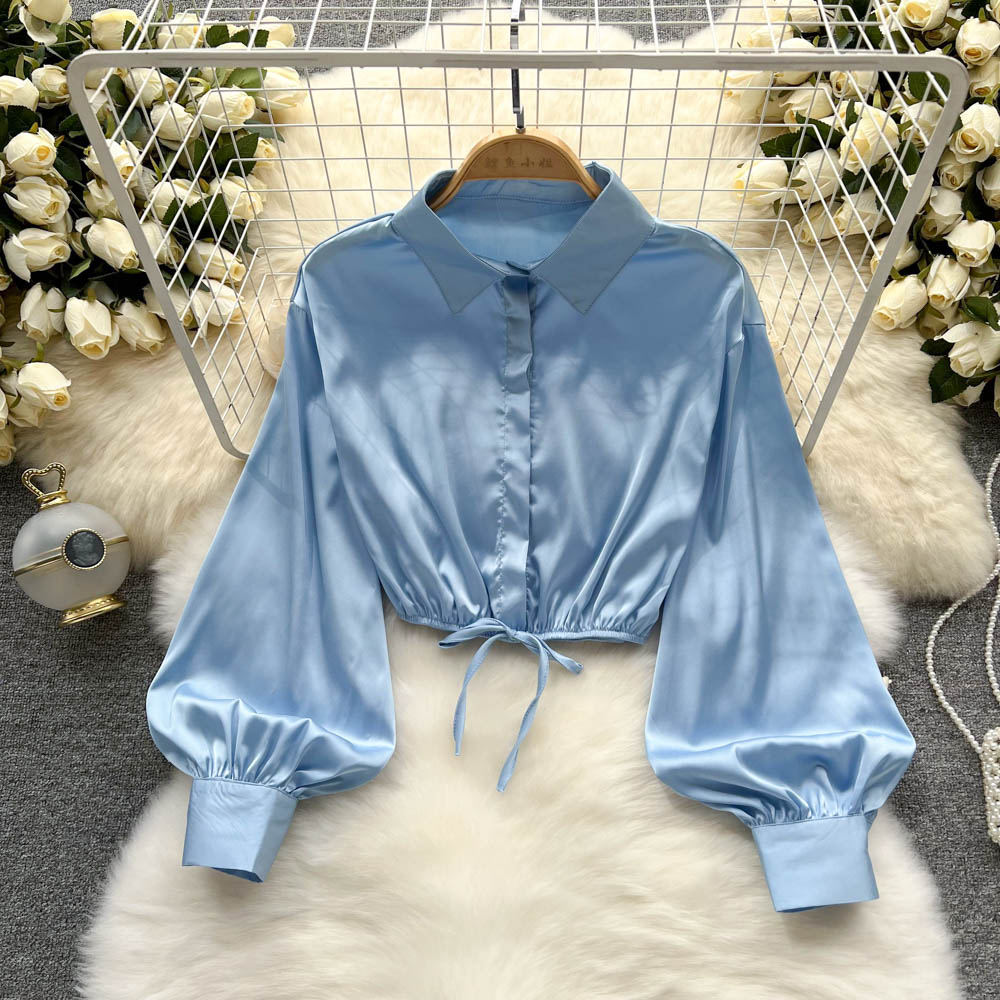 All-match spring and autumn satin shirt slim pure short tops