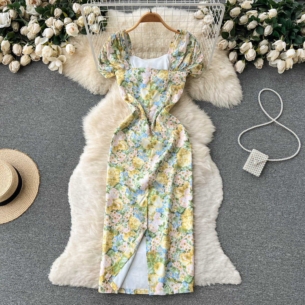 Short sleeve slim printing retro summer dress for women