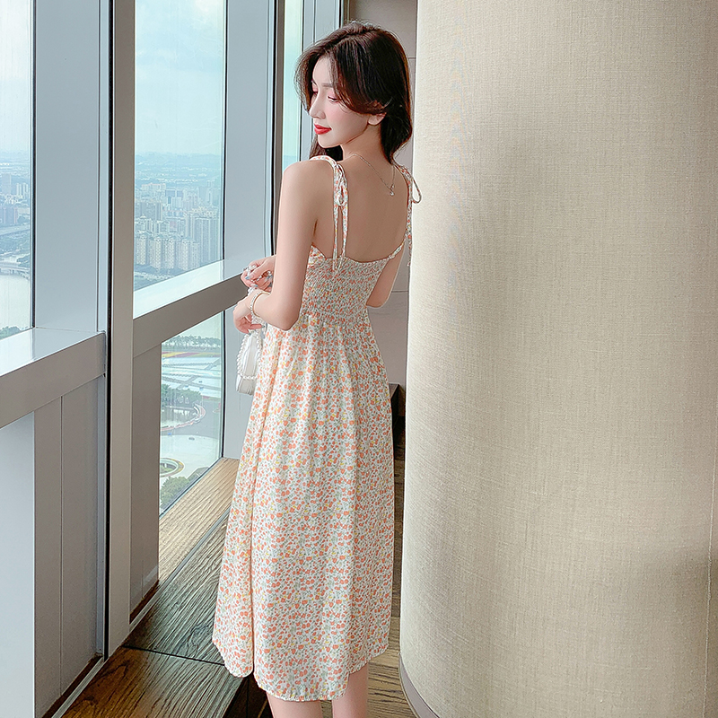Halter wood ear Korean style sling printing dress
