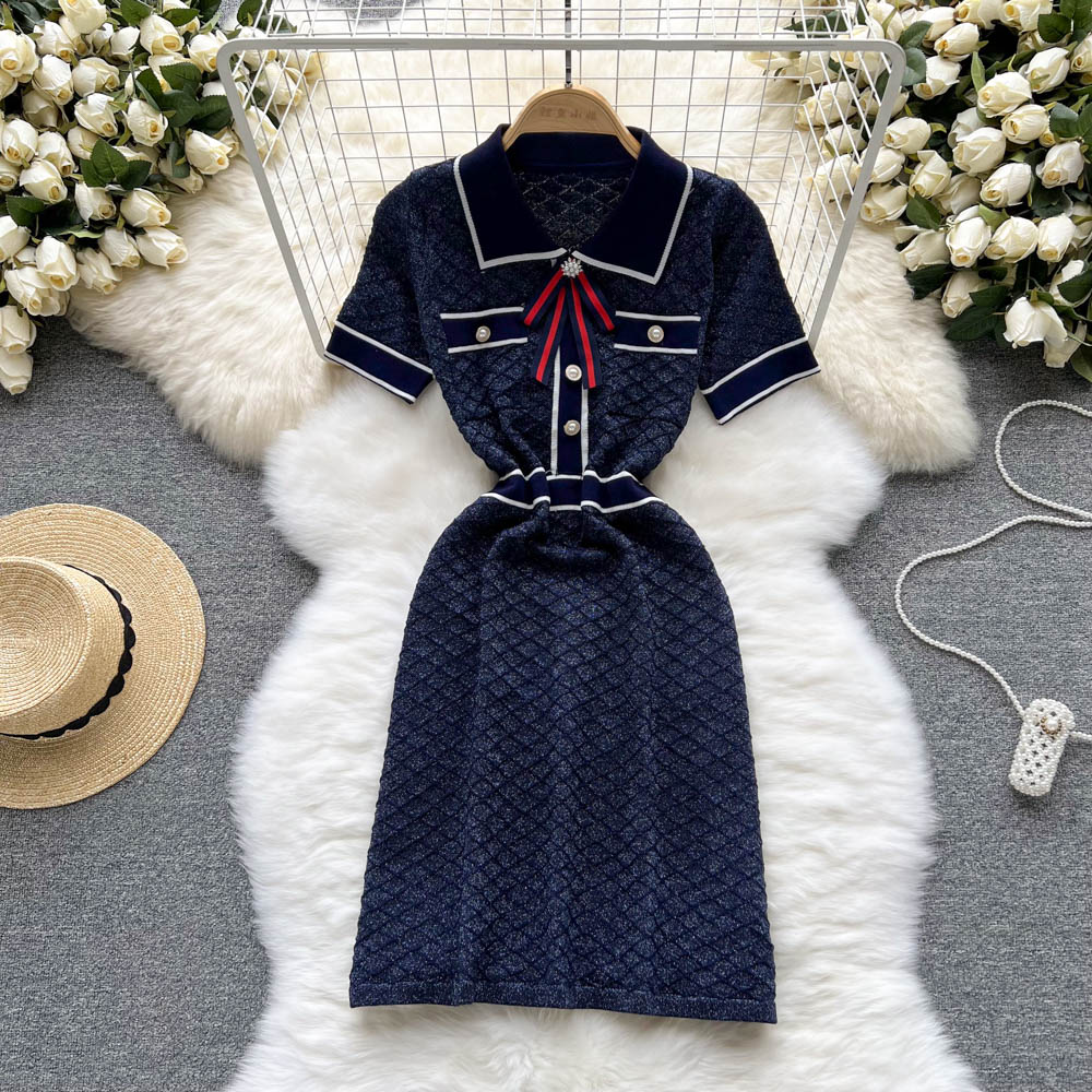 Lapel lady bow slim pinched waist knitted temperament dress