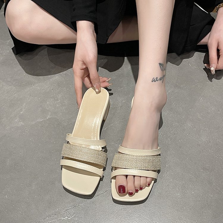 Korean style thick summer middle-heel slippers for women