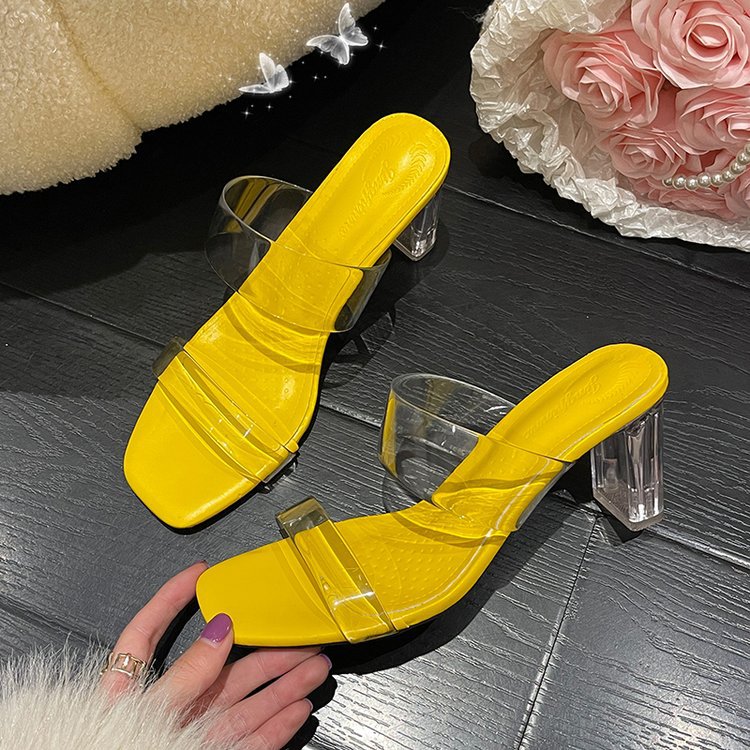Thick summer high-heeled square head slippers