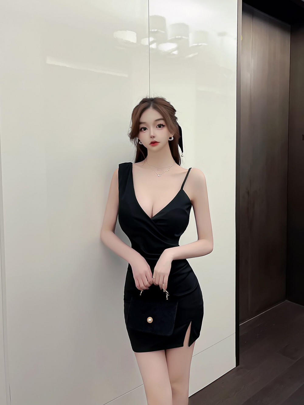 Sling fold sexy package hip V-neck tight dress for women