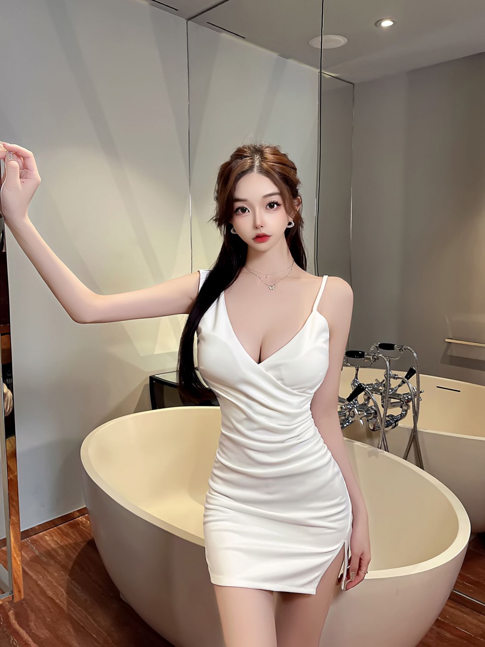 Sling fold sexy package hip V-neck tight dress for women