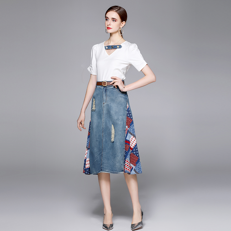 Summer V-neck hollow tops printing splice denim skirt 2pcs set