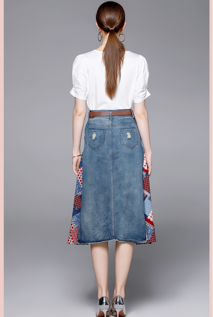Summer V-neck hollow tops printing splice denim skirt 2pcs set