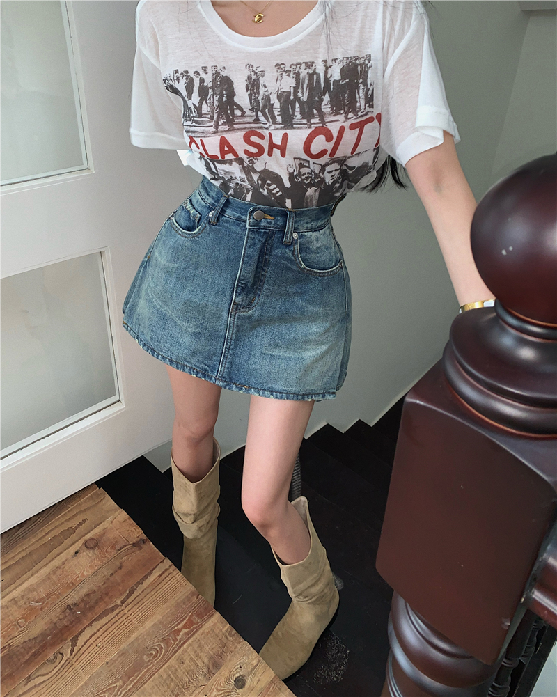 High waist rock T-shirt denim anti emptied skirt 2pcs set