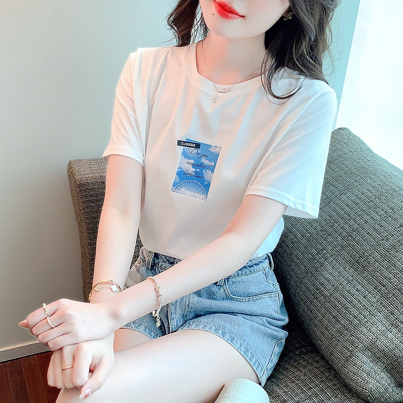 White all-match tops simple printing T-shirt for women